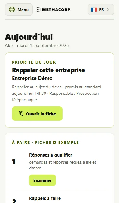 PILOT sur téléphone : priorité du jour et bouton « Ouvrir la fiche ».